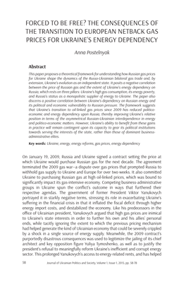 Forced to Be Free? the Consequences of the Transition to European Netback Gas Prices for Ukraine’S Energy Dependency