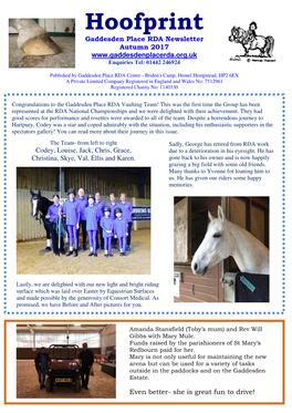 Hoofprint Gaddesden Place RDA Newsletter Autumn 2017 Enquiries Tel: 01442 246924