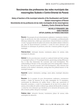 Vencimentos Dos Professores Das Redes Municipais Das Mesorregiões Sudeste E Centro-Oriental Do Paraná