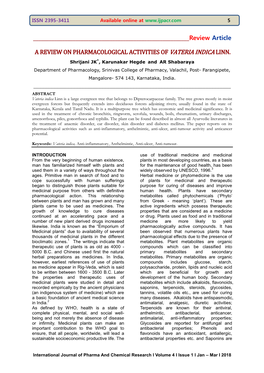 A Review on Pharmacological Activities of Vateria Indica Linn