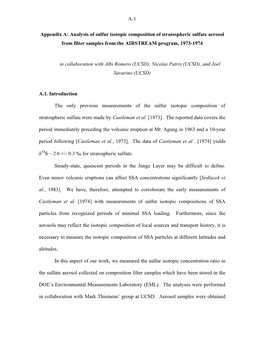 Appendix A: Analysis of Sulfur Isotopic Composition of Stratospheric Sulfate Aerosol from Filter Samples from the AIRSTREAM Program, 1973-1974