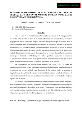 Activités Agro-Pastorales Et Dégradation Du Couvert Végétal