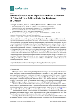 Effects of Saponins on Lipid Metabolism: a Review of Potential Health Beneﬁts in the Treatment of Obesity