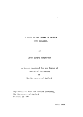 A Study of the Uptake of Thorium Onto Zeolites. By