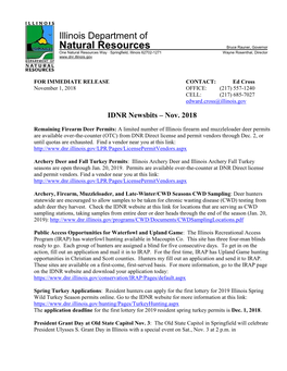 FOR IMMEDIATE RELEASE CONTACT: Ed Cross November 1, 2018 OFFICE: (217) 557-1240 CELL: (217) 685-7027 Edward.Cross@Illinois.Gov