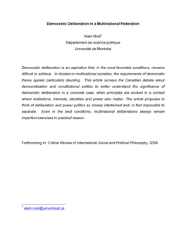 Democratic Deliberation in a Multinational Federation Alain Noël1 Département De Science Politique Université De Montréal De