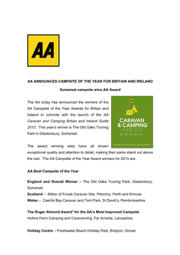 Aa Announces Campsite of the Year for Britain and Ireland