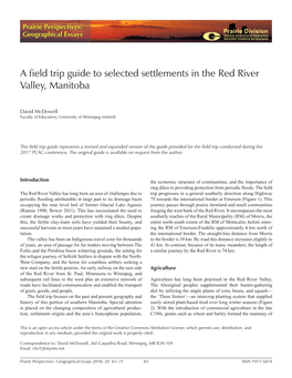 A Field Trip Guide to Selected Settlements in the Red River Valley, Manitoba