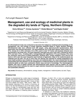 Management, Use and Ecology of Medicinal Plants in the Degraded Dry Lands of Tigray, Northern Ethiopia