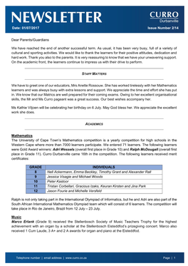 01/07/2017 Issue Number 2/14 Dear Parents/Guardians We Have Reached the End of Another Successful Term. As Usual, It Has B