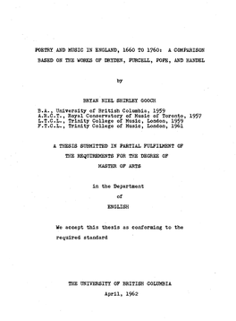 Poetry and Music in England, 1660 to I76o: a Comparison Based on the Works Op Dryden, Purgell, Pope, and Handel