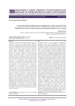 State-Building Process in Uzbekistan: Many Miles to Go Özbekistan’Da Devlet Inşasi Süreci: Katedilmesi Gereken Uzun Yollar