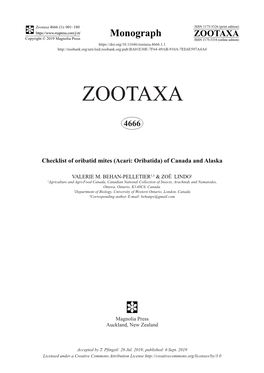 Checklist of Oribatid Mites (Acari: Oribatida) of Canada and Alaska