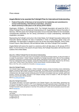 Press Release Angela Merkel to Be Awarded the Fulbright Prize for International Understanding