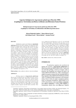 Aspectos Biológicos De Argyrotaenia Sphaleropa (Meyrick 1909) (Lepidoptera: Tortricidae) Em Dietas Artificiais Com Diferentes Fontes Proteicas