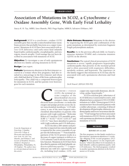 Association of Mutations in SCO2, a Cytochrome C Oxidase Assembly Gene, with Early Fetal Lethality