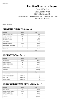 Election Summary Report General Election Utah County - Utah November 06, 2018 Summary For: All Contests, All Precincts, All Tabulators, Mail Unofficial Results