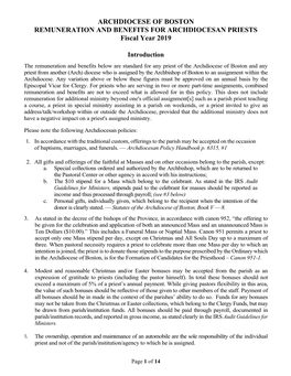 ARCHDIOCESE of BOSTON REMUNERATION and BENEFITS for ARCHDIOCESAN PRIESTS Fiscal Year 2019