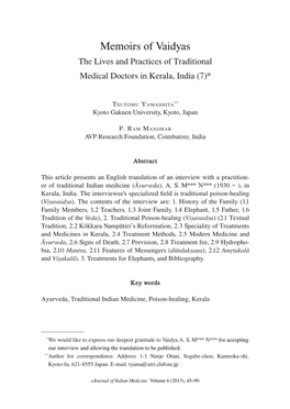 Memoirs of Vaidyas the Lives and Practices of Traditional Medical Doctors in Kerala, India (7)*