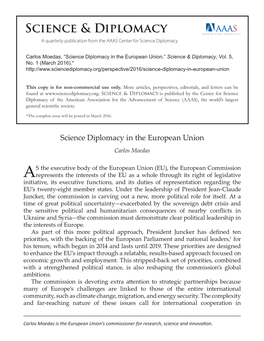 Science Diplomacy in the European Union,” Science & Diplomacy, Vol