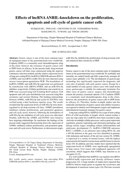 Effects of Lncrna ANRIL‑Knockdown on the Proliferation, Apoptosis and Cell Cycle of Gastric Cancer Cells