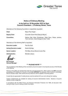 Notice of Ordinary Meeting to Be Held on 18 November 2015 at 5Pm Council Chambers - 2 Pulteney Street, Taree