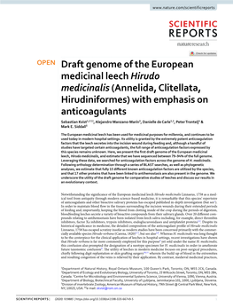 Draft Genome of the European Medicinal Leech Hirudo Medicinalis (Annelida, Clitellata, Hirudiniformes) with Emphasis on Anticoag