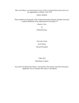 Mao in the Mines: an Anti-Systemic View of New Communist Movement Activity in the Appalachian Coalfields, 1962-1978 Judson Abraham