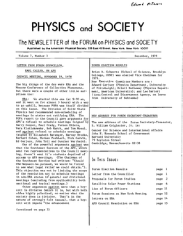 PHYSICS and SOCIETY the NEWSLETTER of the FORUM on PHYSICS and SOCIETY Published by the American Physical Society