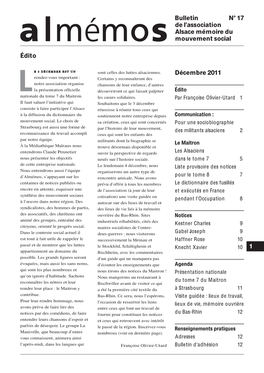 Décembre 2011 Bulletin N° 17 De L'association Alsace Mémoire Du