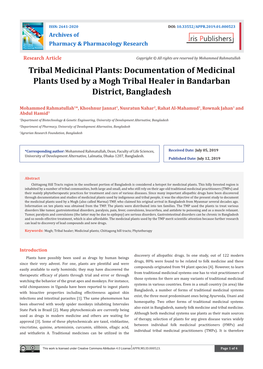 Tribal Medicinal Plants: Documentation of Medicinal Plants Used by a Mogh Tribal Healer in Bandarban District, Bangladesh