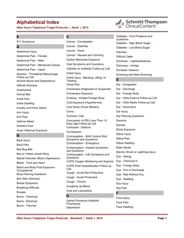 Alphabetical Index After Hours Telephone Triage Protocols | Adult | 2015