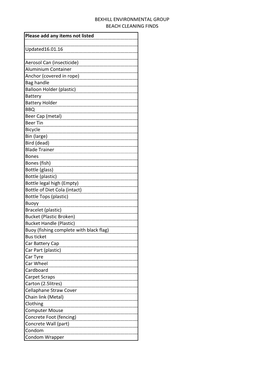 BEXHILL ENVIRONMENTAL GROUP BEACH CLEANING FINDS Please Add Any Items Not Listed