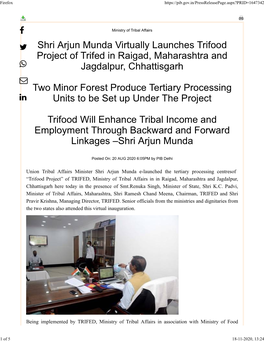 Shri Arjun Munda Virtually Launches Trifood Project of Trifed in Raigad, Maharashtra and Jagdalpur, Chhattisgarh