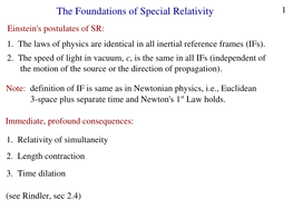 The Foundations of Special Relativity 1 Einstein's Postulates of SR: 1