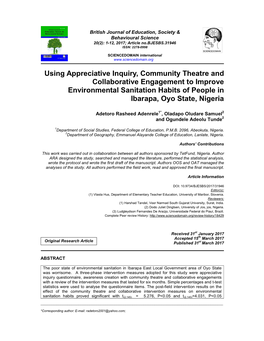 Using Appreciative Inquiry, Community Theatre and Collaborative Engagement to Improve Environmental Sanitation Habits of People in Ibarapa, Oyo State, Nigeria