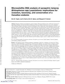 Microsatellite DNA Analysis of Parapatric Lamprey (Entosphenus Spp.) Populations: Implications for Evolution, Taxonomy, and Conservation of a Canadian Endemic