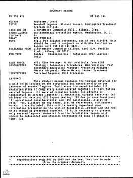 Aerated Lagoons. Student Manual. Biological Treatment Process Control. INSTITUTION Linn-Benton Community Coll., Albany, Oreg