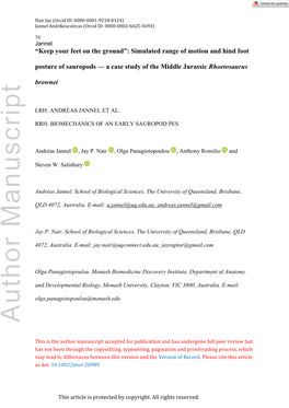 Simulated Range of Motion and Hind Foot Posture of the Middle Jurassic Sauropod Rhoetosaurus