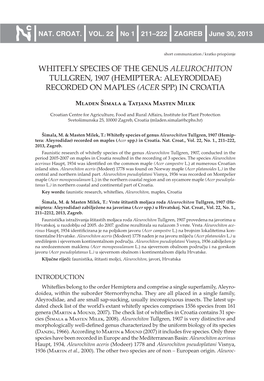 Whitefly Species of the Genus Aleurochiton Tullgren, 1907 (Hemiptera: Aleyrodidae) Recorded on Maples (Acer Spp.) in Croatia