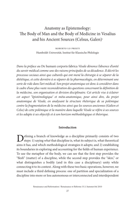 Anatomy As Epistemology: the Body of Man and the Body of Medicine in Vesalius and His Ancient Sources (Celsus, Galen)1