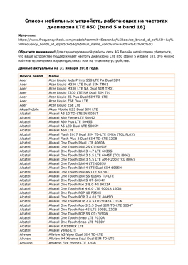 Список Мобильных Устройств, Работающих На Частотах Диапазона LTE 850 (Band 5 И Band 18)