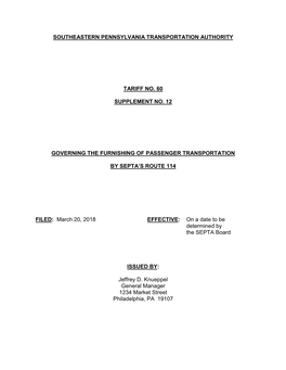 Southeastern Pennsylvania Transportation Authority Tariff No. 60 Supplement No. 12 Governing the Furnishing of Passenger Transpo
