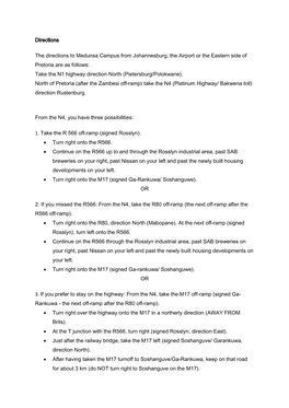 Directions the Directions to Medunsa Campus from Johannesburg, the Airport Or the Eastern Side of Pretoria Are As Follows -.:University of Limpopo