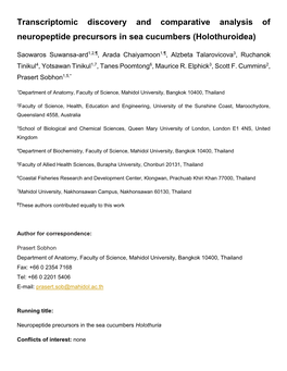 Transcriptomic Discovery and Comparative Analysis of Neuropeptide Precursors in Sea Cucumbers (Holothuroidea)