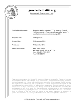 TVA) Inspector General (OIG) Response to a Congressional Request for “Agency”- Specific Information on Climate Change, 2013