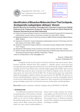 Identification of Bioactive Molecules from Thai Centipede, Scolopendra