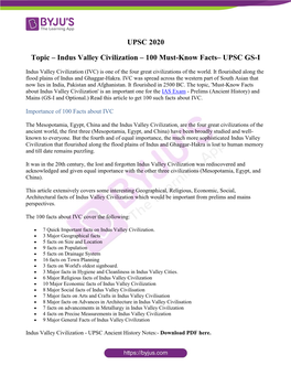 UPSC 2020 Topic – Indus Valley Civilization – 100 Must-Know Facts