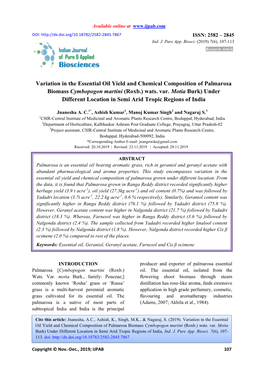 Variation in the Essential Oil Yield and Chemical Composition of Palmarosa Biomass Cymbopogon Martini (Roxb.) Wats