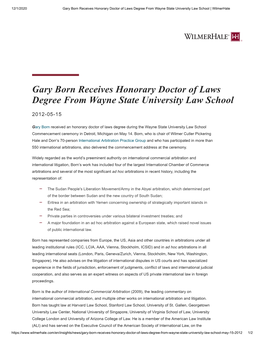 Gary Born Receives Honorary Doctor of Laws Degree from Wayne State University Law School | Wilmerhale